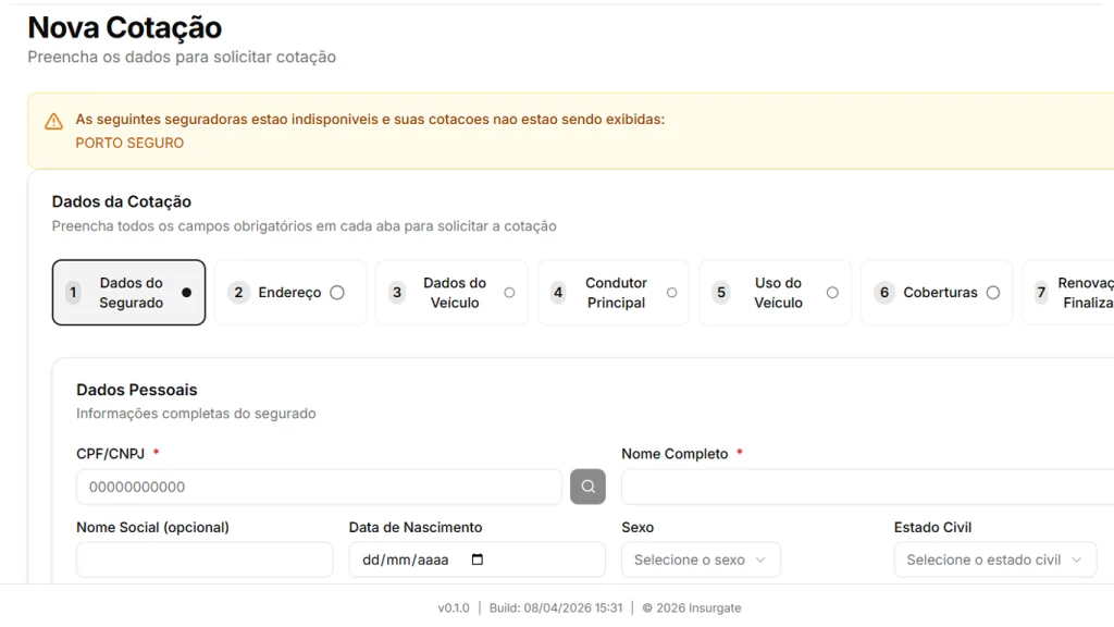 Dashboard de Nova Cotação